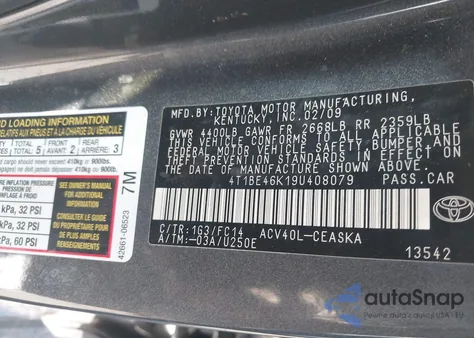 2009 Toyota Camry Se из США, поврежденный, VIN 4T1BE46K19U408079